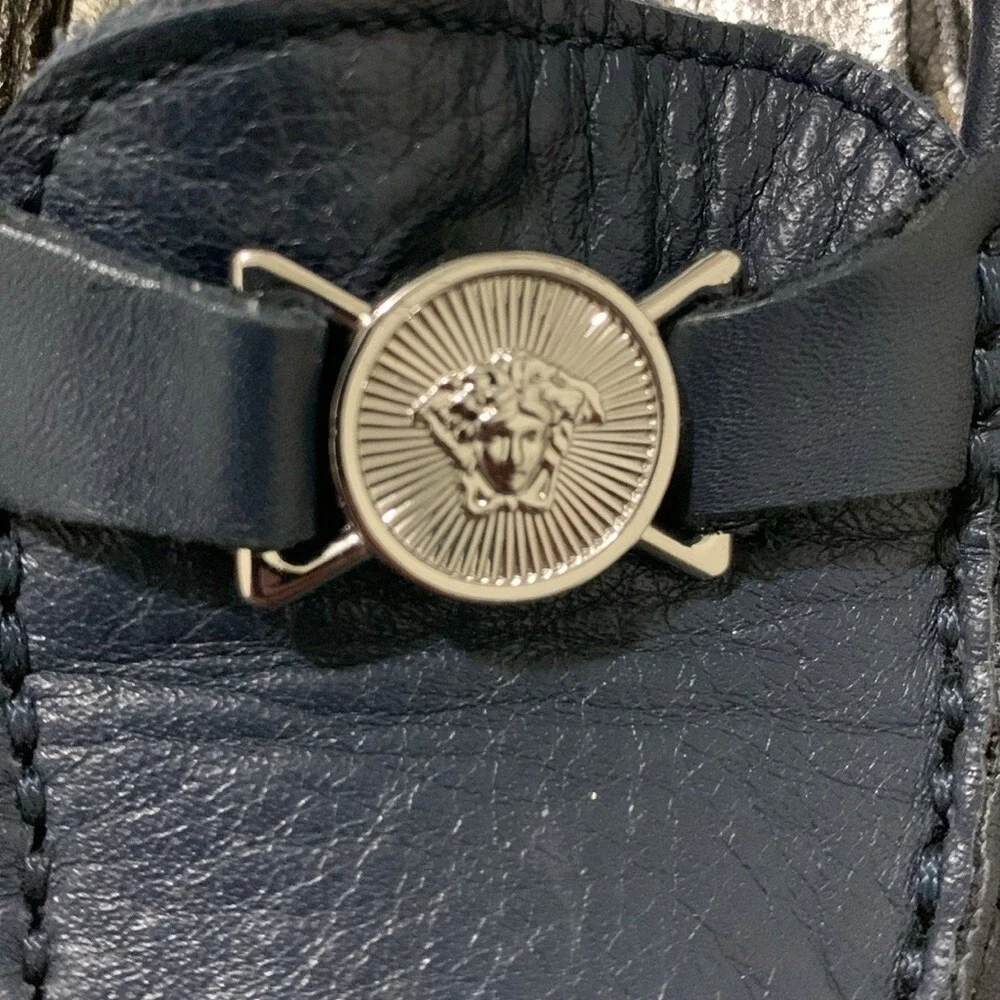 Kids Navy Blue‎ Leather Medusa Head Loafers Driving Shoes Size 26 EU 9-9.5 US